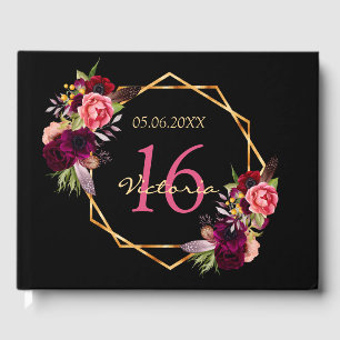 Sweet 16th birthday burgundy floral geometric guest book