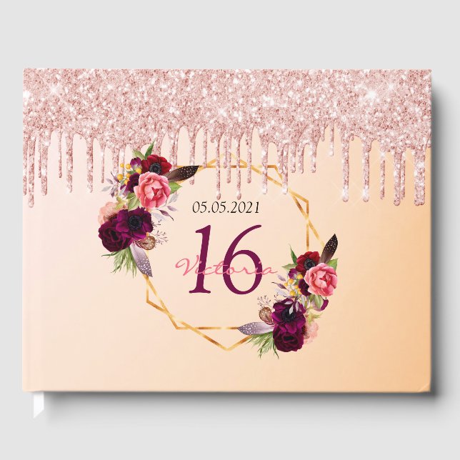 Sweet 16th birthday florals geometric glitter rose guest book (Front)