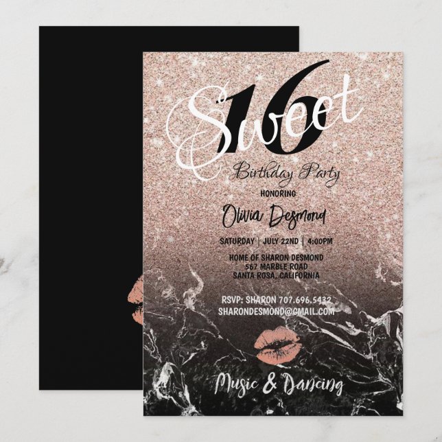 Sweet 16th Birthday Party Black & Rose Gold Theme  Invitation (Front/Back)