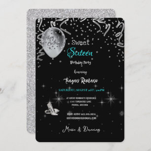 Sweet 16th Birthday Party Black & Turquoise Theme  Invitation