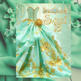 Sweet 16th Birthday Party Mint Green Gold Dress Invitation