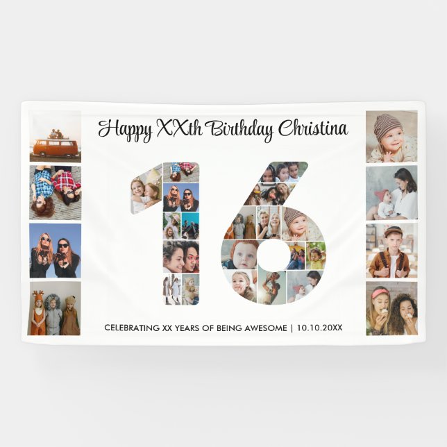 Sweet 16th Birthday Party Number 16 Photo Collage Banner (Horizontal)