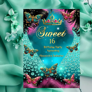 Sweet 16th birthday Party Teal Pink Butterflies Invitation