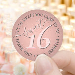 Sweet 16th Birthday Party Thank You Chic Cute Pink Classic Round Sticker<br><div class="desc">Add a chic and modern finishing touch to envelopes and favours with custom sweet 16th birthday party round stickers. Design features a girly blush pink and dark grey handwritten style script typography on a trendy rose gold faux foil background. Text in a circle is simple to customise. These elegant labels...</div>
