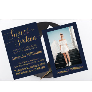 Sweet 16th Birthday Photo Blue And Gold Luxury Invitation