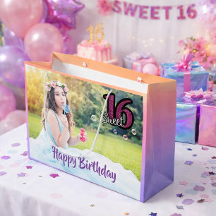 Sweet 16th birthday photo purple large gift bag