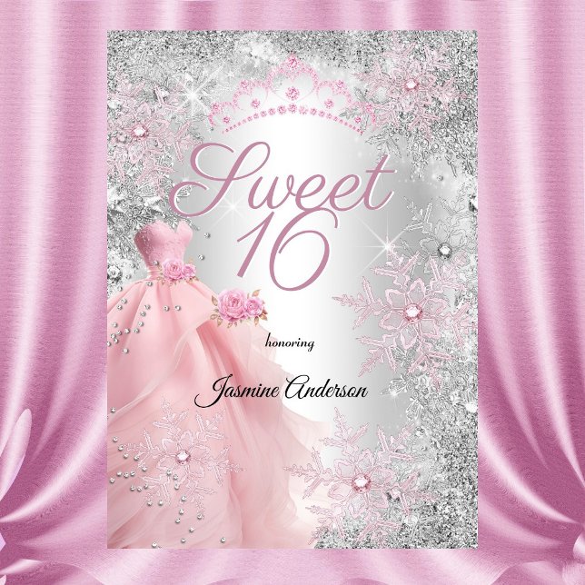 Sweet 16th Birthday Pink Silver Winter Wonderland Invitation (Creator Uploaded)