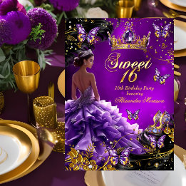 Sweet 16th birthday purple Gold Dress Butterfly Invitation