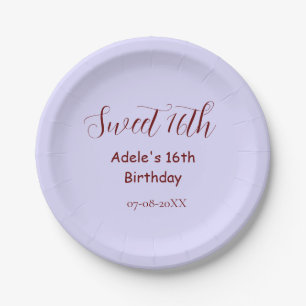 Sweet 16th birthday purple pastel mauve retro name paper plate