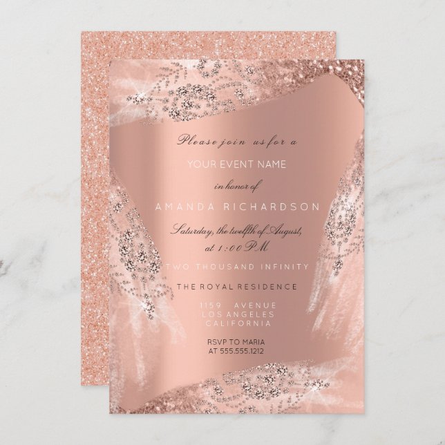 Sweet 16th Bridal Dress Rose Peach Diamond Glitter Invitation (Front/Back)