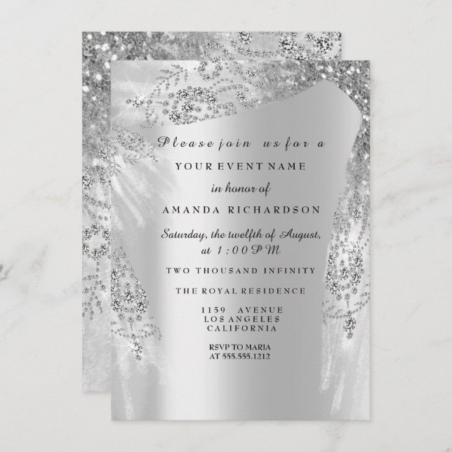 Sweet 16th Bridal Shower Silver Royal Grey Diamond Invitation (Front/Back)