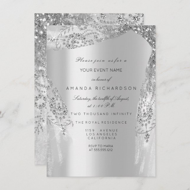 Sweet 16th Bridal Shower Silver Royal Grey Dress Invitation (Front/Back)