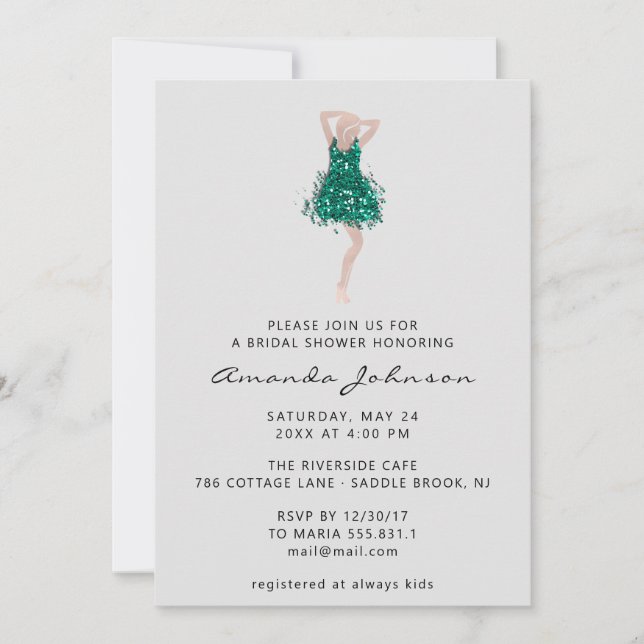 Sweet 16th Bridal Shower Teal Glitter Dress Grey Invitation (Front)