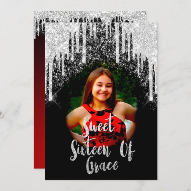 Sweet 16th Elisabeth Red Grey Silver Drips Photo Invitation (Front/Back)