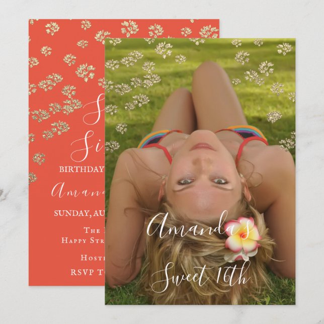 Sweet 16th  Flower Coral Gold Photo Confetti Spark Invitation (Front/Back)