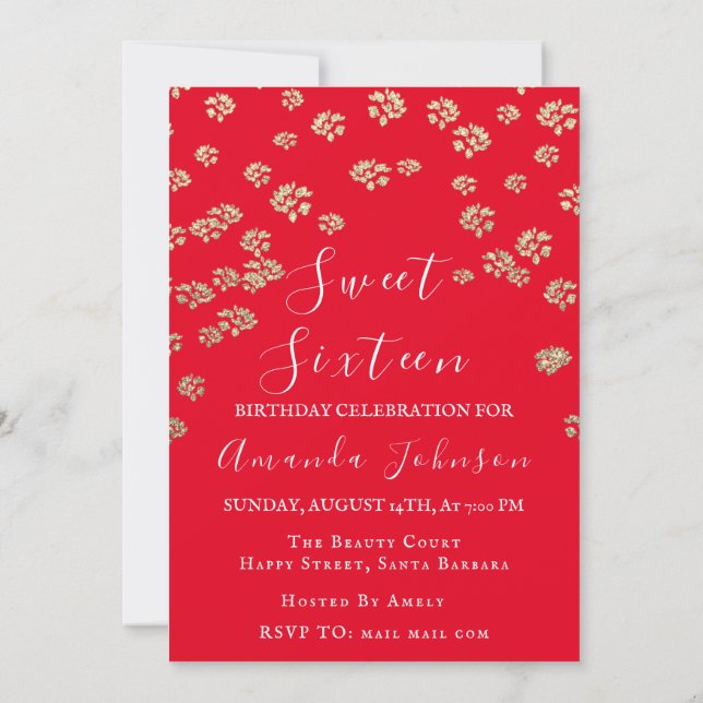 Sweet 16th  Flower Red Gold Photo Confetti Spark Invitation (Back)