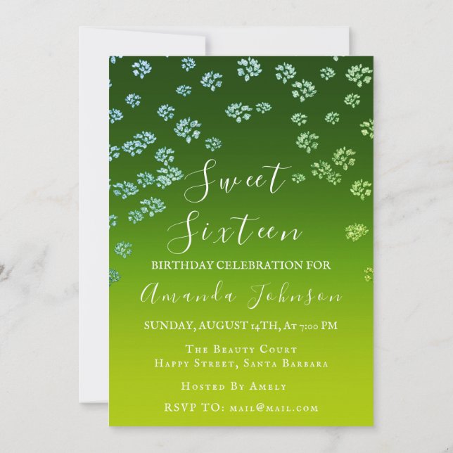 Sweet 16th  Flower Royal Ombre Greenery Photo Invitation (Back)