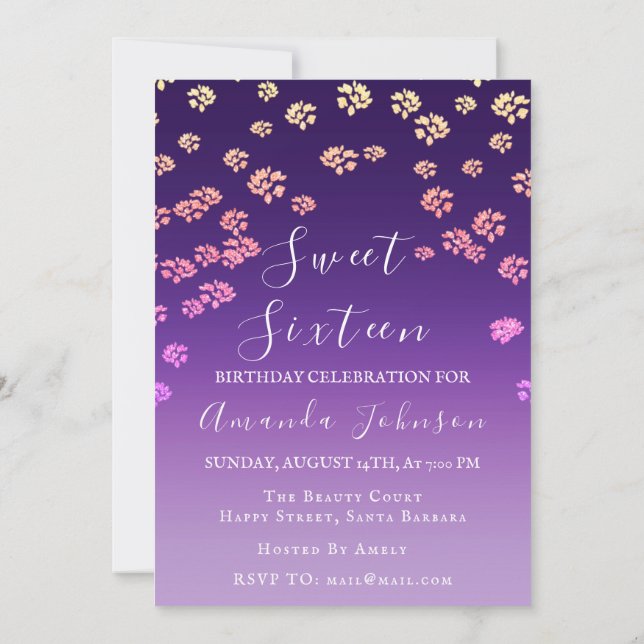 Sweet 16th  Flower Royal Ombre Purple Photo Invitation (Back)