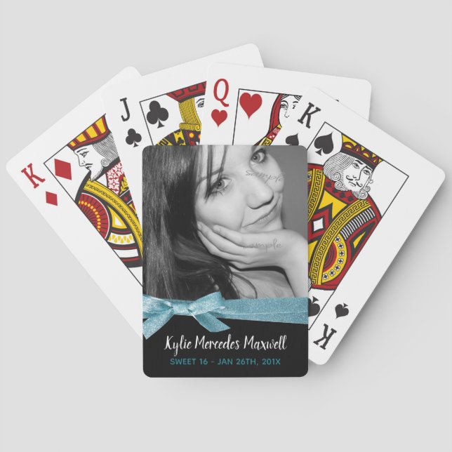 Sweet 16th Girly Aqua Ribbon Birthday Keepsake Bic Playing Cards (Back)