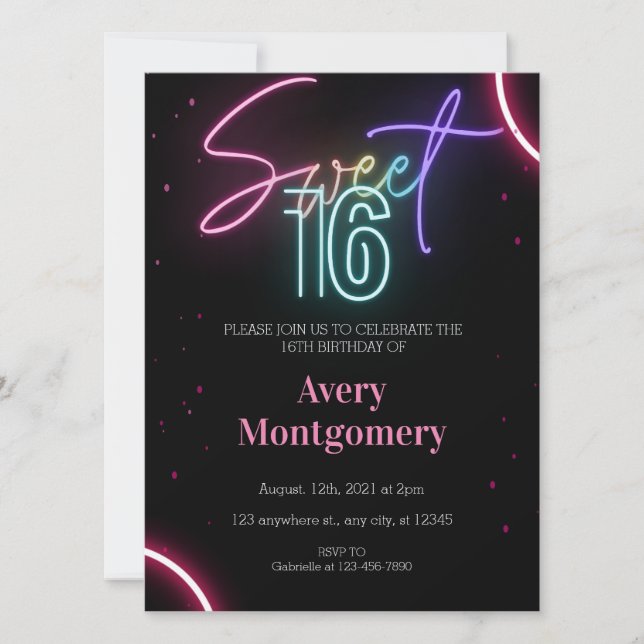  Sweet 16th Glowing Neon Birthday  Invitation (Front)