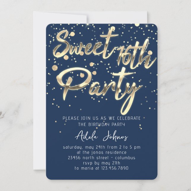 Sweet 16th Instant Download Smoky Blue Navy Gold  Invitation (Front)