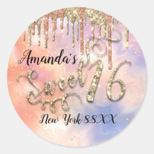Sweet 16th Party Glitter Holographic Gold Rose Classic Round Sticker