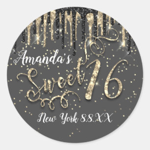 Sweet 16th Party Gold Confetti Drips Gray Black Classic Round Sticker