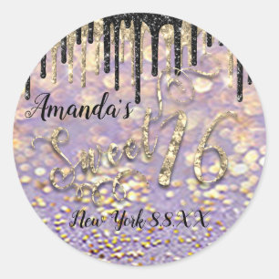 Sweet 16th Party Name Gold Confetti Drips Purple Classic Round Sticker