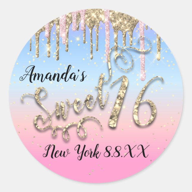 Sweet 16th Party Pink Blue Gold Confetti Drips Classic Round Sticker (Front)