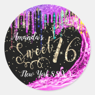 Sweet 16th Party Pink Waves Confetti Rainbow Classic Round Sticker