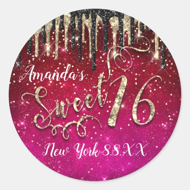 Sweet 16th Party Stars Gold Confetti Drips Pink Classic Round Sticker (Front)