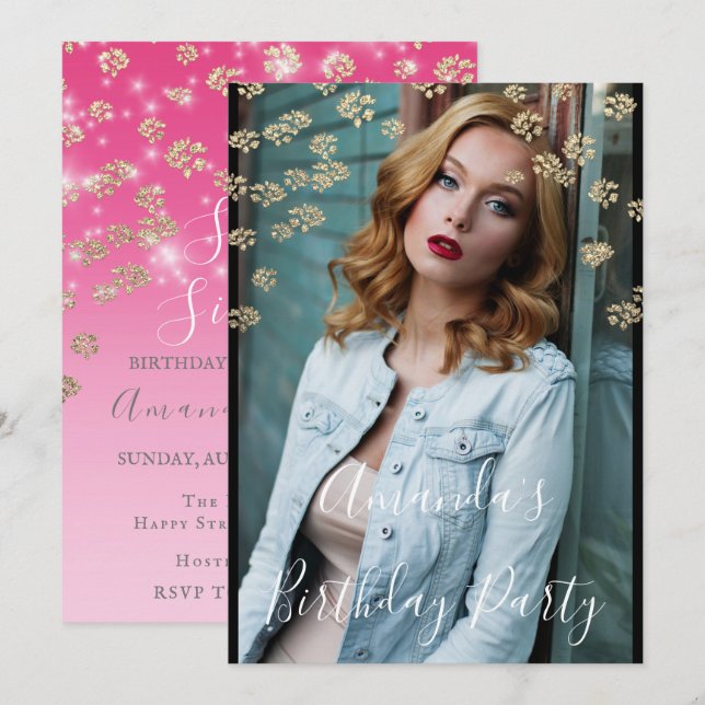 Sweet 16th  Pink Flowers Gold Ombre Photo Confetti Invitation (Front/Back)