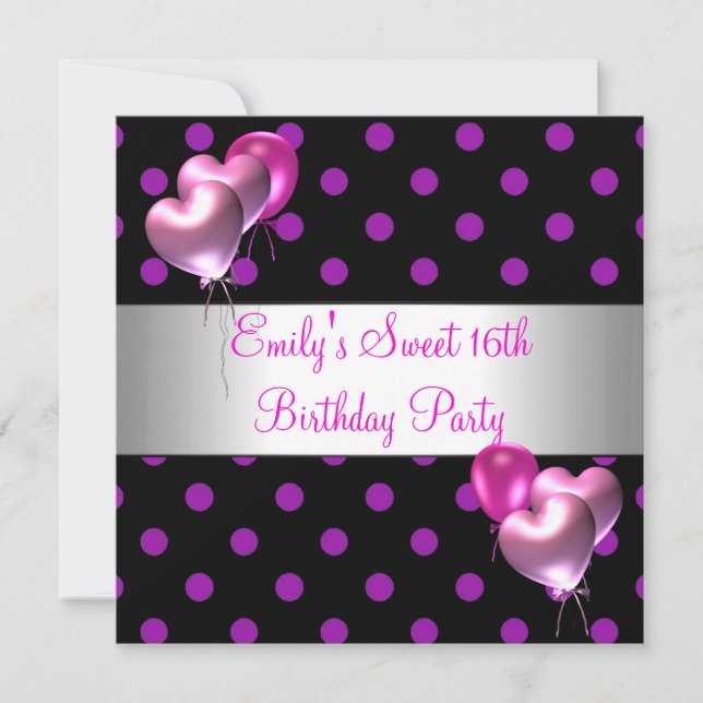 Sweet 16th Pink Purple Silver Balloon Birthday Invitation (Front)