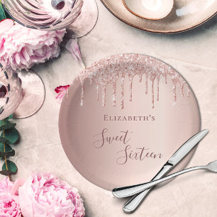 Sweet 16th rose gold glitter drips blush name paper plate
