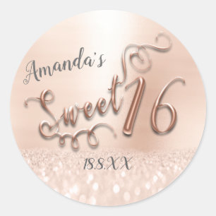 Sweet 16th Script Metallic Glitter Rose Gold Girly Classic Round Sticker