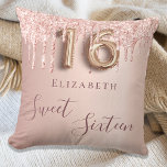 Sweet 16th sixteen 16 rose gold glitter monogram cushion<br><div class="desc">A pillow for a 16th years old girls room. A faux rose gold background with faux rose gold and pink glitter drips,  paint dripping look. The text: Sweet Sixteen is written in dark rose gold with a large modern hand lettered style script. Personalise and add a name.</div>