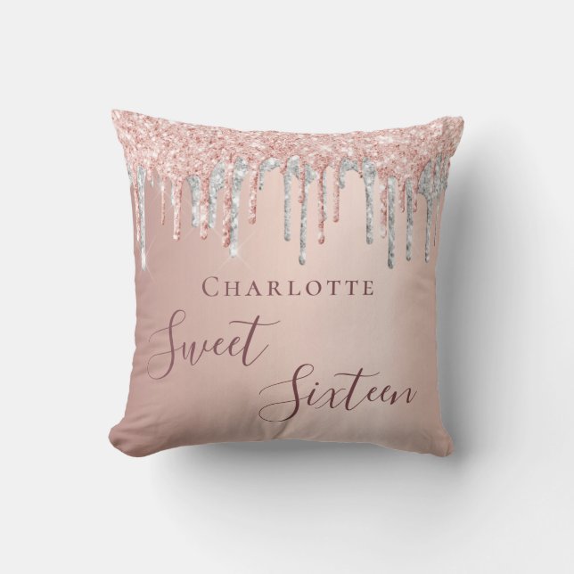 Sweet 16th sixteen rose gold glitter silver chic cushion (Front)