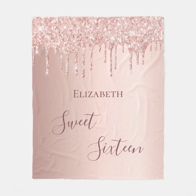 Sweet 16th sixteen teen girl 16 rose gold glitter fleece blanket (Front)