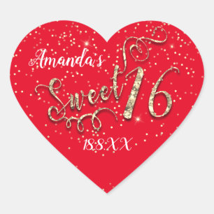 Sweet 16th Unicorn Heart Glitter RedGold Confetti Sticker