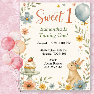 Sweet 1 Watercolor Bunny Birthday Party Invitation