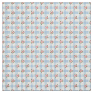 Sweet 50s Retro Rosebud Blue Gingham Check Fabric