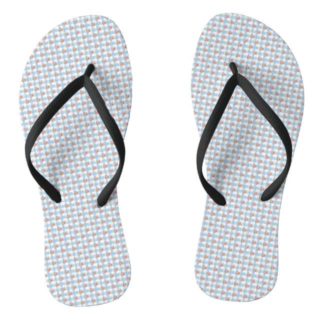 Sweet 50s Retro Rosebud Blue Gingham Check Thongs (Footbed)