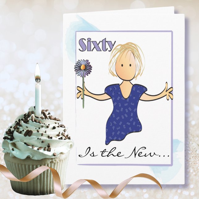 Sweet 60 and Fabulous Female Cartoon Blue Flower Card (Creator Uploaded)