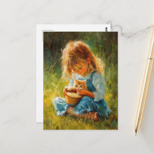 Sweet Adorable Little Girl and Her Kitten Postcard