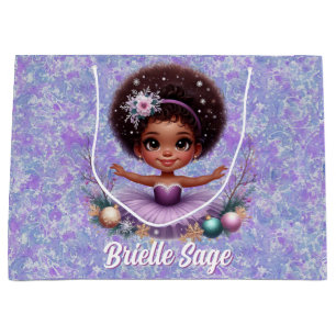 Sweet Afro Puff Purple Ballerina Girl Holiday Large Gift Bag
