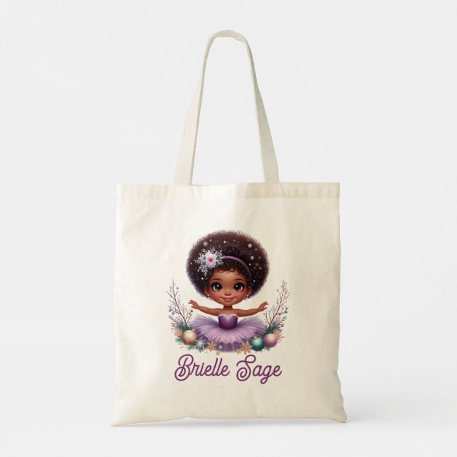 Sweet Afro Puff Purple Ballerina Girl Holiday Tote Bag (Back)