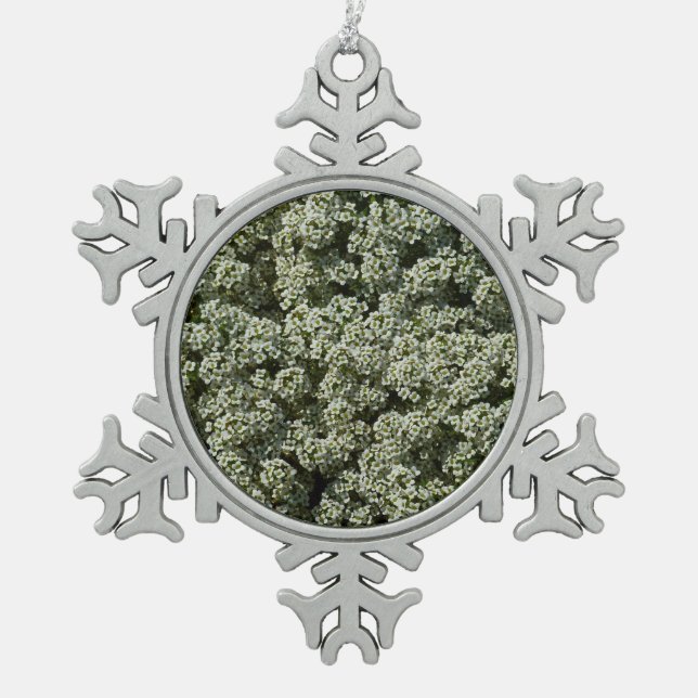 Sweet Alyssum Flowers White Floral Snowflake Pewter Christmas Ornament (Front)