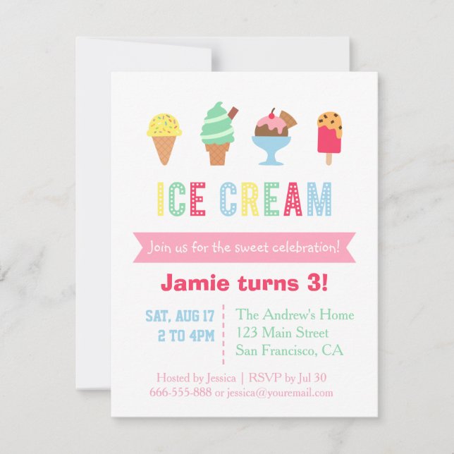 Sweet and Colourful Ice Cream Party Invitations (Front)