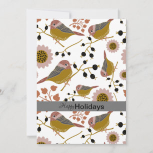 Sweet And Cute Chickadees With Flowers and Berries Holiday Card