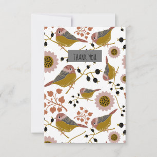 Sweet And Cute Chickadees With Flowers and Berries Thank You Card